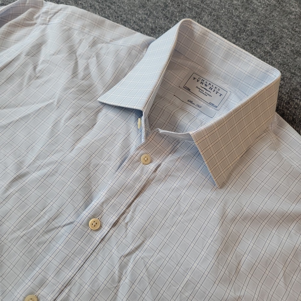Charles Tyrwhitt Dress Shirt Men’s 17 35 Slim Fit Blue White Plaid French Cuffs
